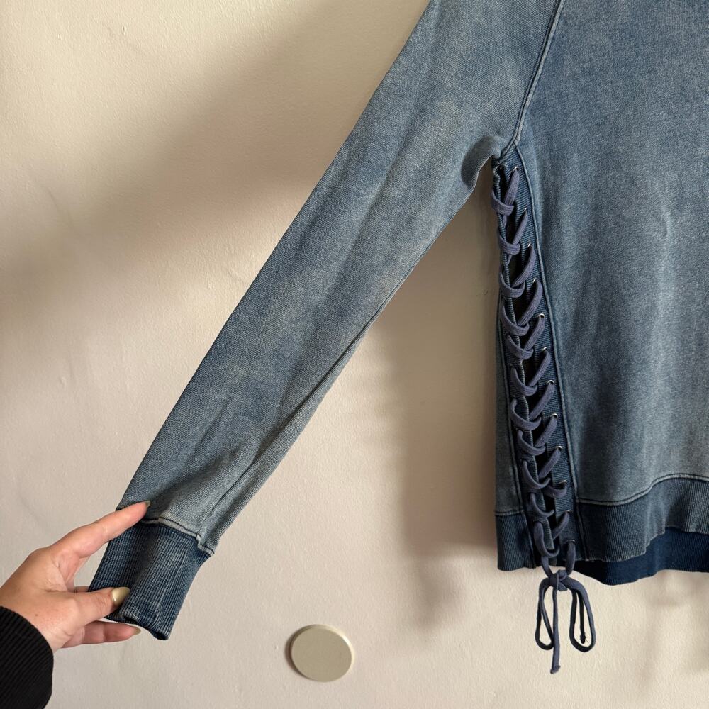 PAM & GELA Indigo wash Blue French Terry Sweatshirt with Lace Sides Extra Small - Picture 2 of 6
